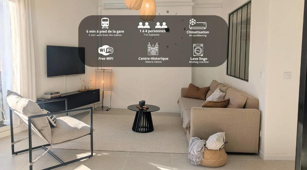 Et tv og/eller underholdning på L'alcôve - appartement moderne et spacieux - proche gare - centre historique - WiFi - Clim