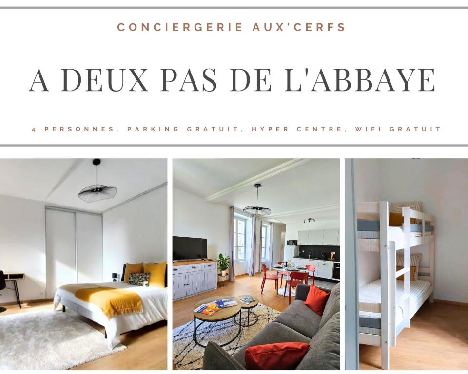 Postel nebo postele na pokoji v ubytování Aux'Cerfs - A deux pas de l'Abbaye