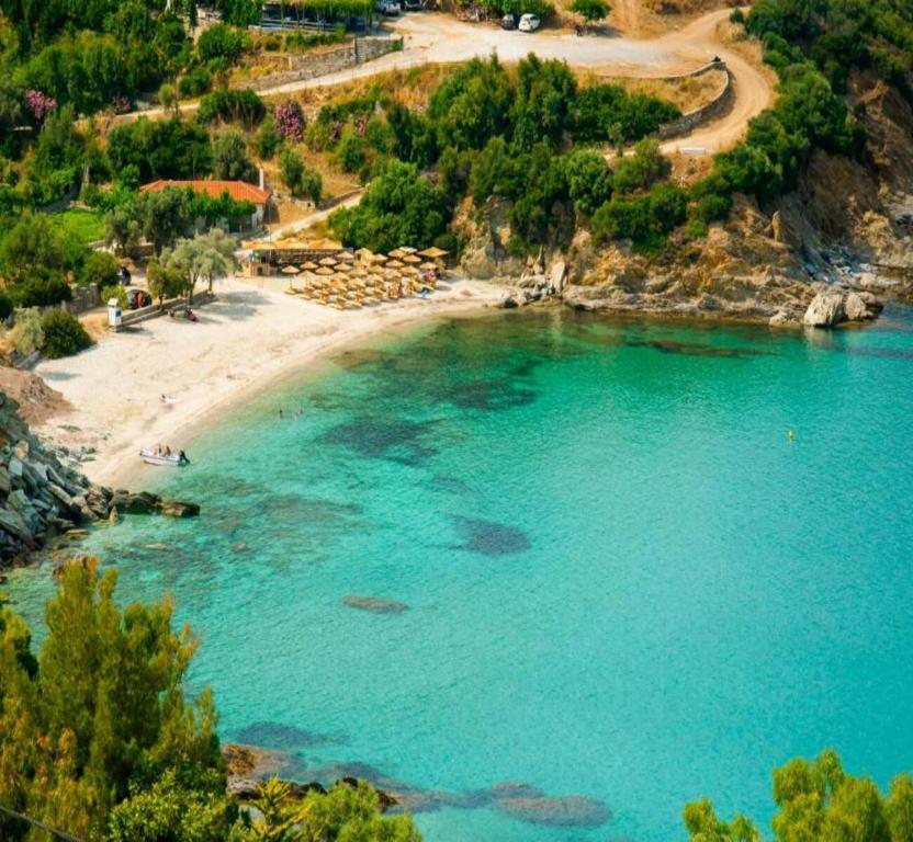 una vista aerea di una spiaggia con acqua blu di Aegean Beachfront a Petriaí