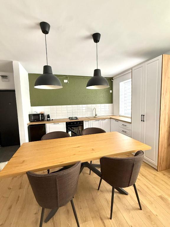 a kitchen with a wooden table and four chairs at TwinNest Petrila in Petrila