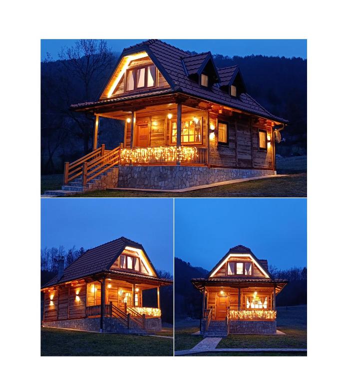 two different views of a log home at night at Vila Sofija Mokra Gora in Mokra Gora