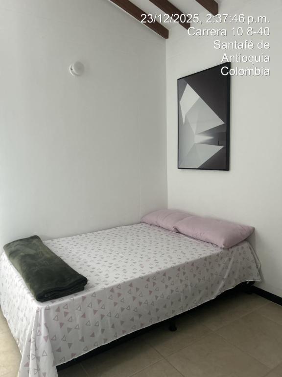 a bed in a white room with a picture on the wall at Hermoso Apartasol en Santa Fe de Antioquia!!! in Santa Fe de Antioquia