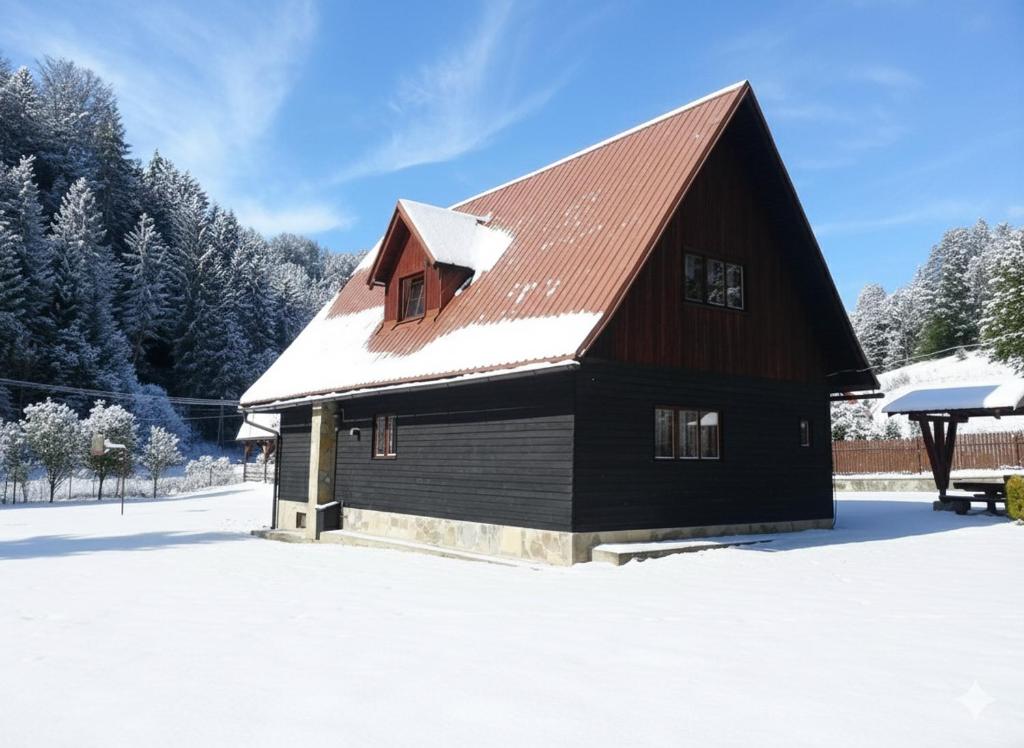 a black barn with snow on the roof at Chata Sipkova I in Terchová