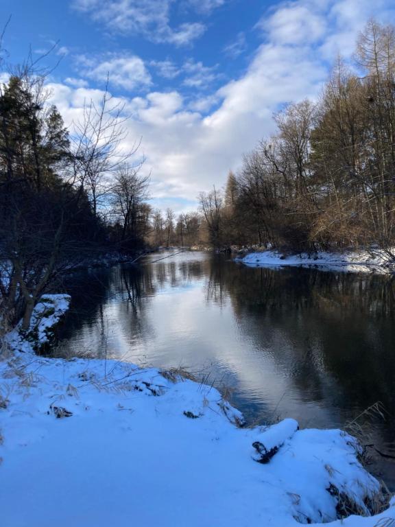 een rivier met sneeuw op de grond en bomen bij Kajakiem z Marzysza in Marzysz