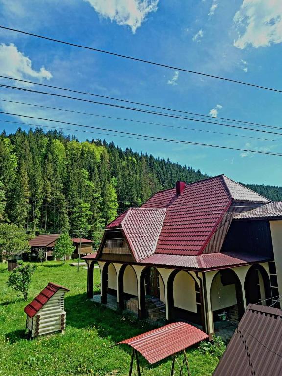 a building with a red roof on a green field at Садиба у "Степана" in Synevyrsʼka Polyana