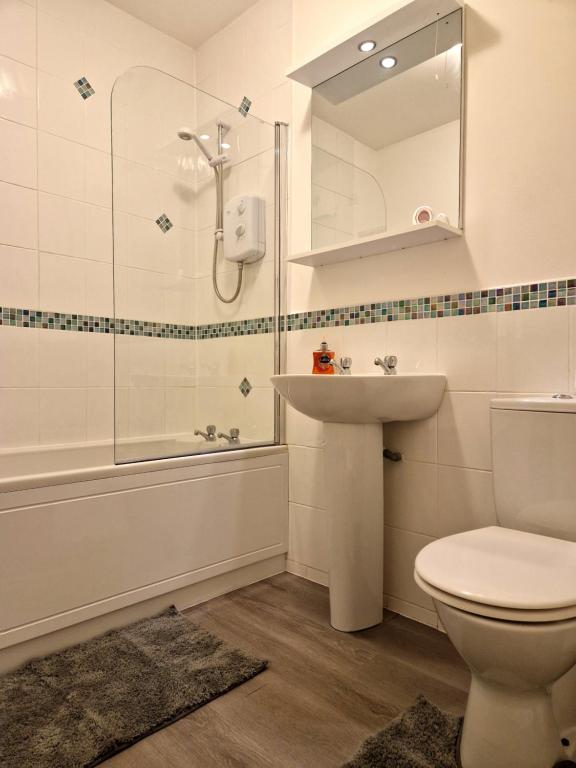 ein Badezimmer mit Toilette, Waschbecken und Dusche in der Unterkunft Rook View, Modern Coastal Retreat with Free Parking in Buckie