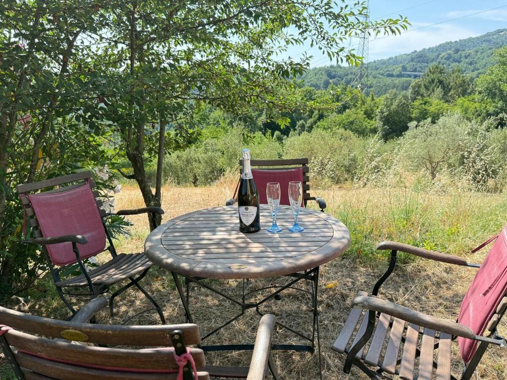 a table with a bottle of wine and two glasses at Podere Boschetto Moroni in Massa Marittima