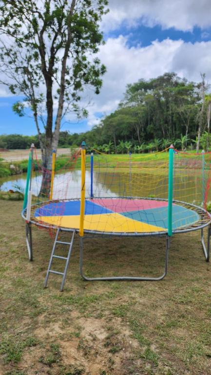 een kleurrijke trampoline in een park met een boom bij Sítio com Espaço para Eventos in São Francisco do Sul