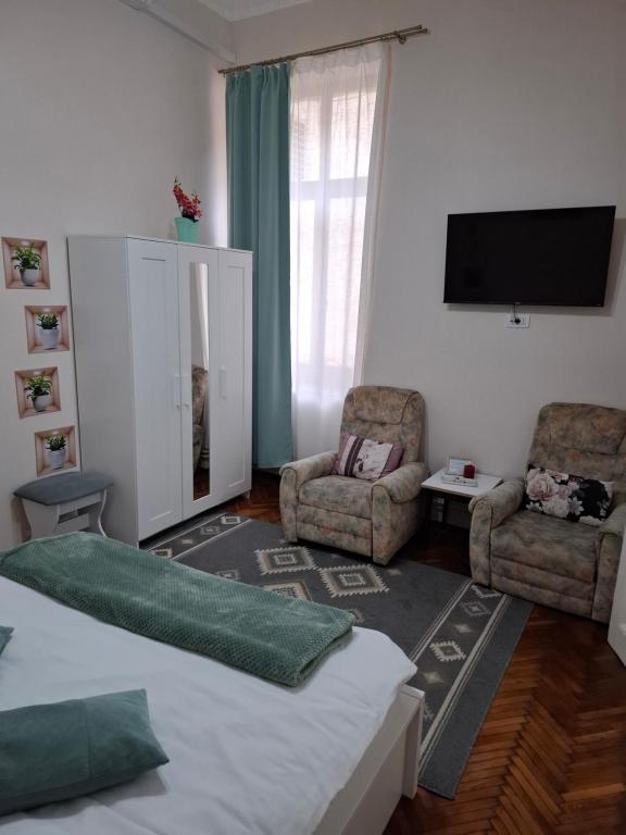 a bedroom with a bed and two chairs and a flat screen tv at Art Nouveau Aparthotel in Oradea