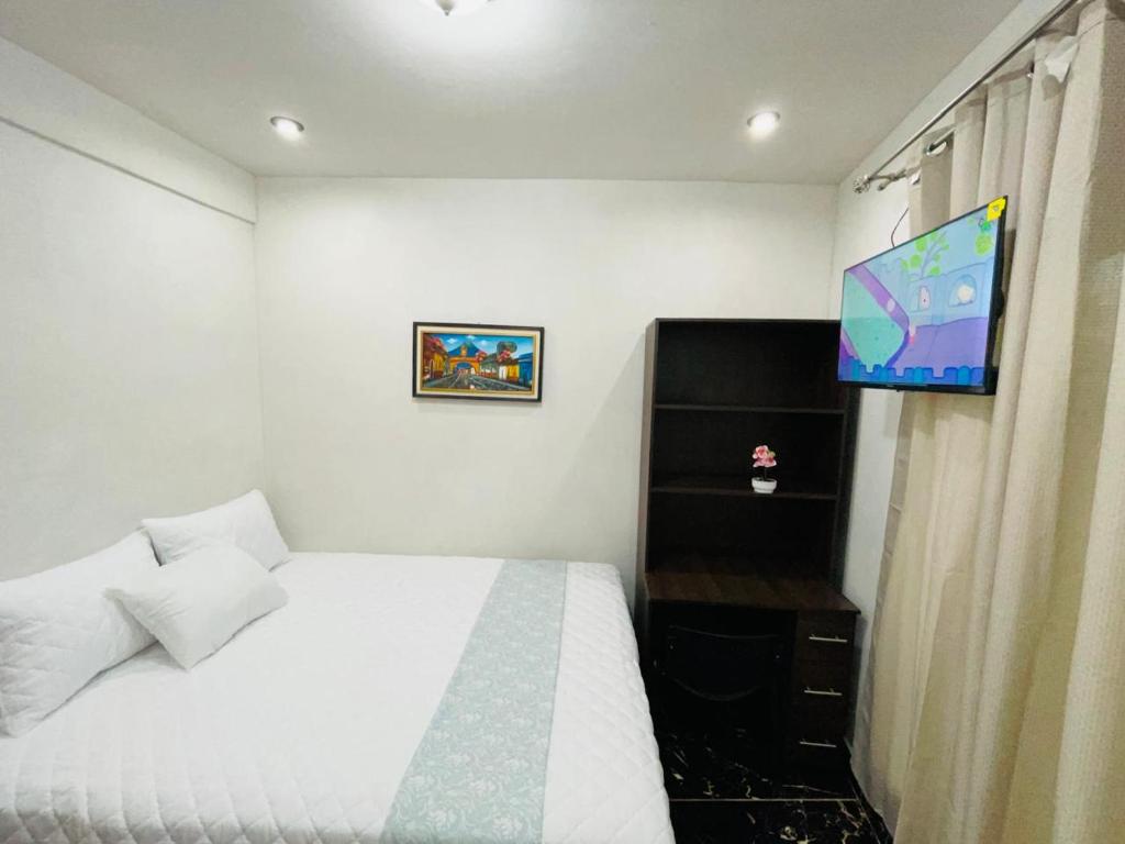 een slaapkamer met een bed en een flatscreen-tv bij Borde del lago in Panajachel