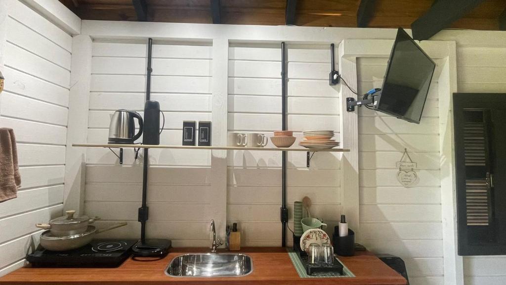 a kitchen with a sink and shelves in a room at Novidade-Cabana Praia do Rosa in Imbituba