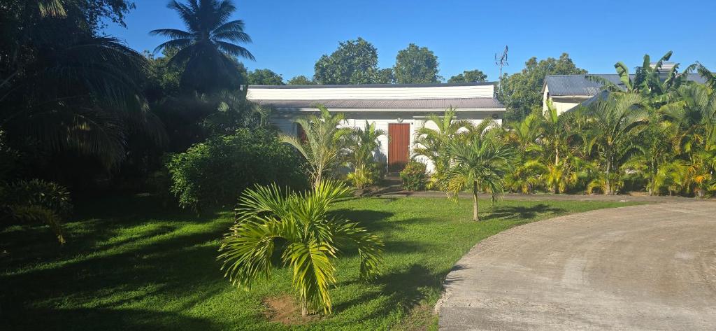 een wit huis met palmbomen en een oprit bij Keshy island colibri in Baillif