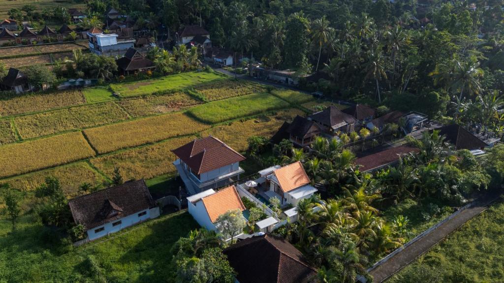 an aerial view of a house in a field at The Lok's Villa in Ubud