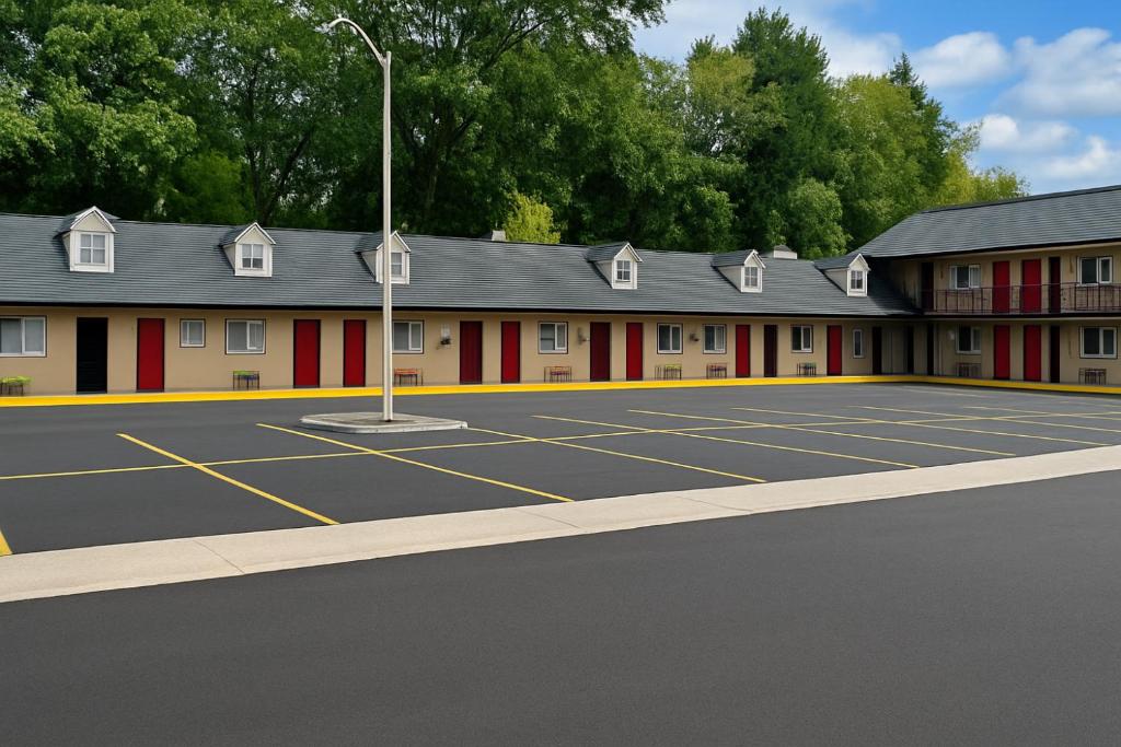 an empty parking lot in front of a building at Rocky Mountain Lodge & Suites in Renfrew