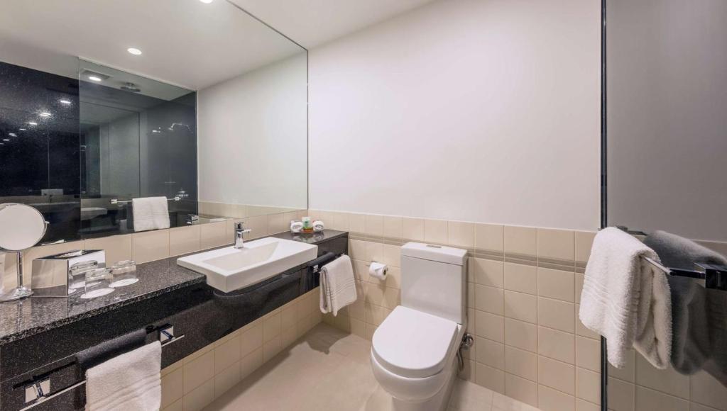 a bathroom with a toilet and a sink and a mirror at Flagstaff Gardens Hotel Melbourne in Melbourne