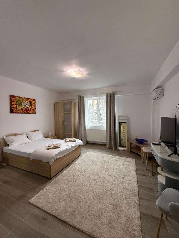 a bedroom with a bed and a television in it at Parlament Residence in Bucharest