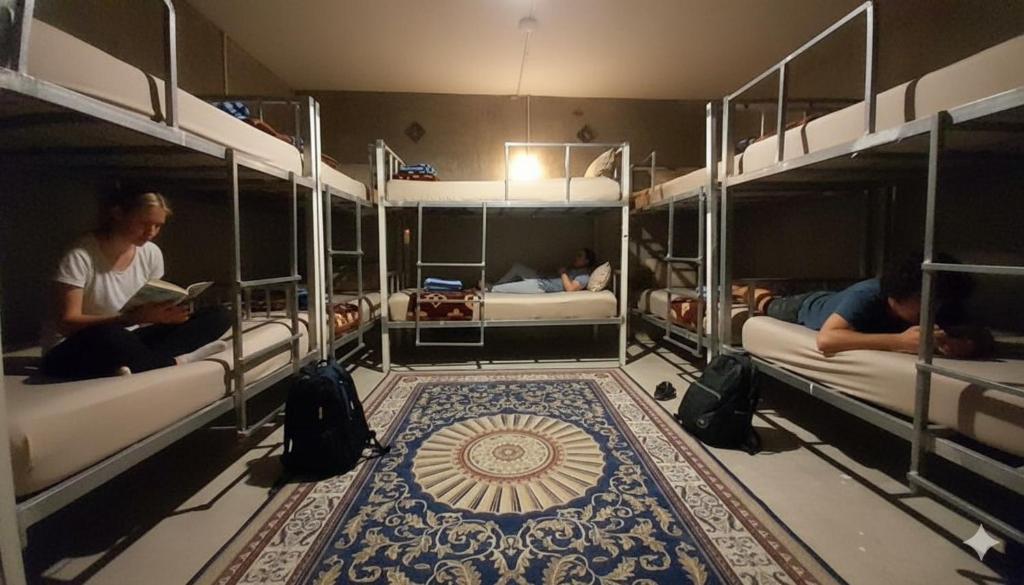 una stanza con letti a castello con persone sedute sopra di Neena S Hostel a Ban Nua