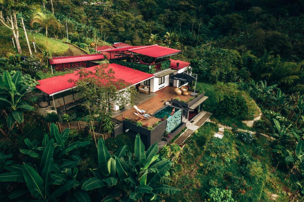 an aerial view of a house with a red roof at Casa Margarita Loft in Buenavista
