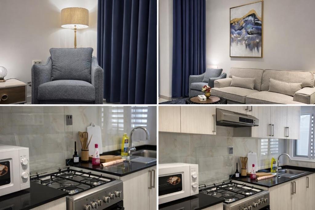 een keuken en een woonkamer met een kookplaat. bij Abu Rakan Apartment in Muscat