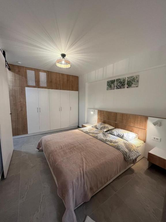 a bedroom with a large bed in a room at Ris studio dublu universitate, centrul vechi in Bucharest