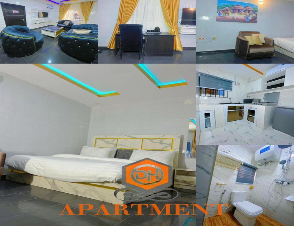een collage van vier foto's van een slaapkamer met een bed bij DEVHAK Hotel and Suites in Warri