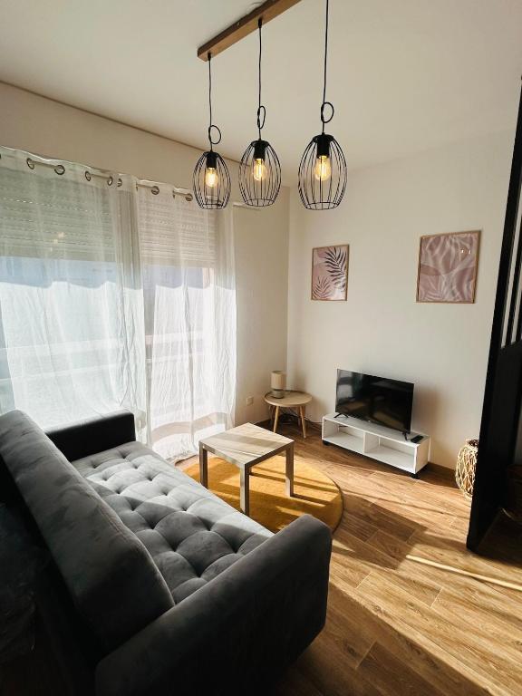 a living room with a couch and a tv at Bel Air Appartement in Niort