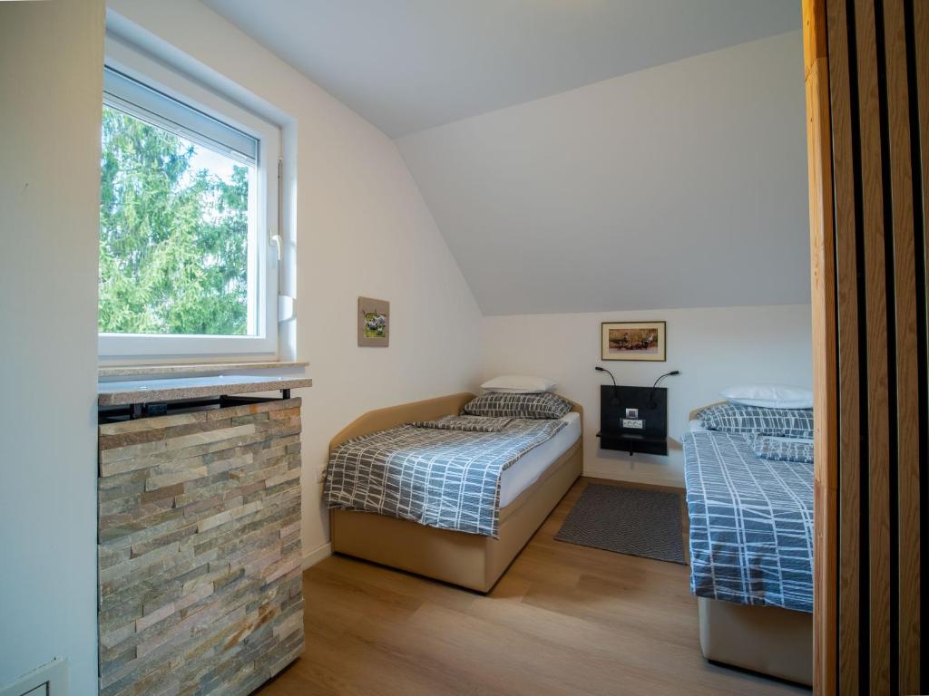 een slaapkamer met twee bedden en een raam bij D.I.M. Holiday House in Seliste Dreznicko