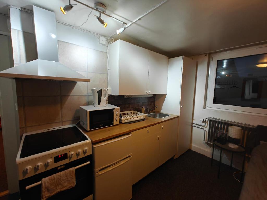 a small kitchen with a stove and a microwave at Aurora Apartment 7 in Kiruna
