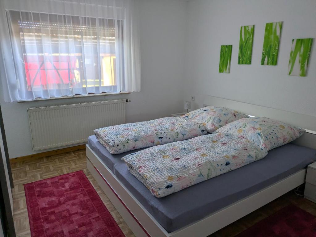 ein Bett in einem Schlafzimmer mit Fenster und Bettvorhang in der Unterkunft Gabis' Apartment in Bad Wimpfen