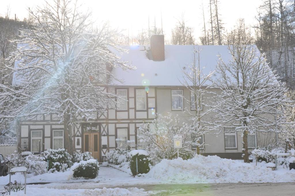 ein schneebedecktes Haus mit Bäumen und Sträuchern in der Unterkunft Pension im Tal der Stille in Treseburg