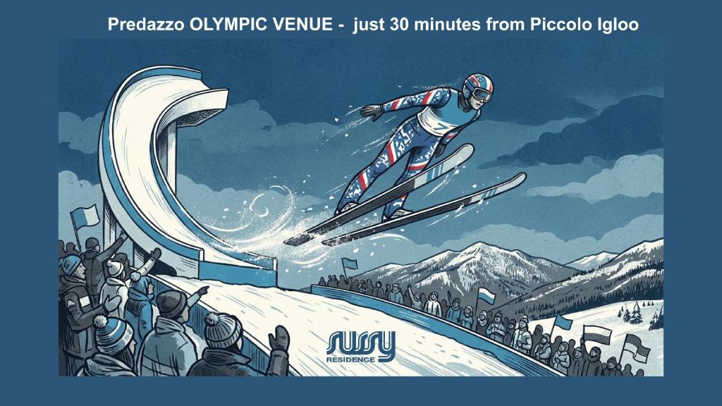 Un cartel de una persona con esquís frente a una multitud. en Piccolo Igloo, en Falcade