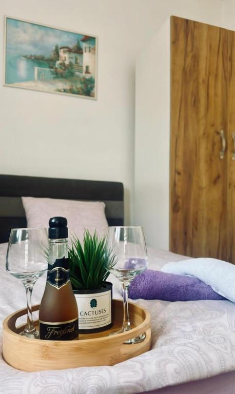 a tray with a bottle of wine and two glasses on a bed at Sabina Apartmani in Tuzla
