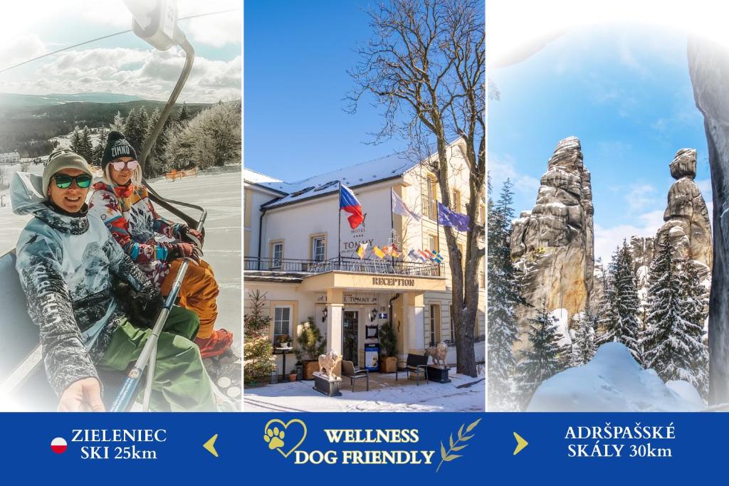 a collage of three pictures of people in the snow at Hotel Tommy Wellness & Spa in Náchod