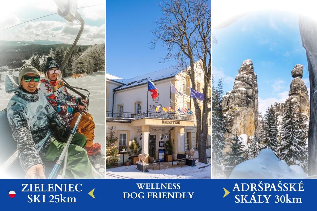 een collage van drie foto's van mensen in de sneeuw bij Hotel Tommy Wellness & Spa in Náchod