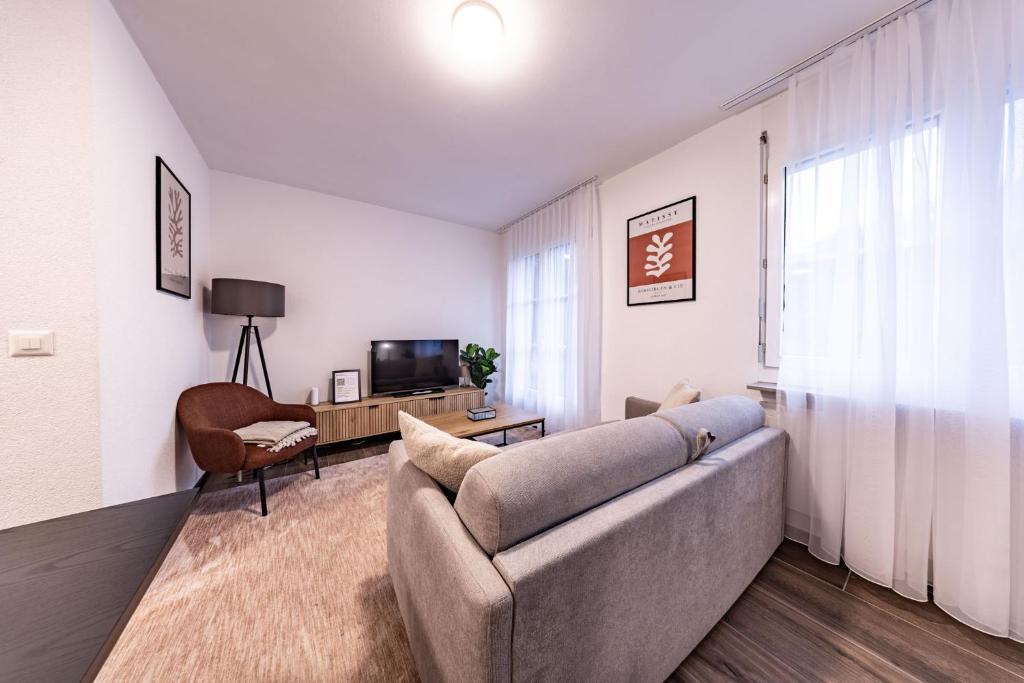 un soggiorno con un divano e una televisione di The R Apartment Farnsberg a Basilea