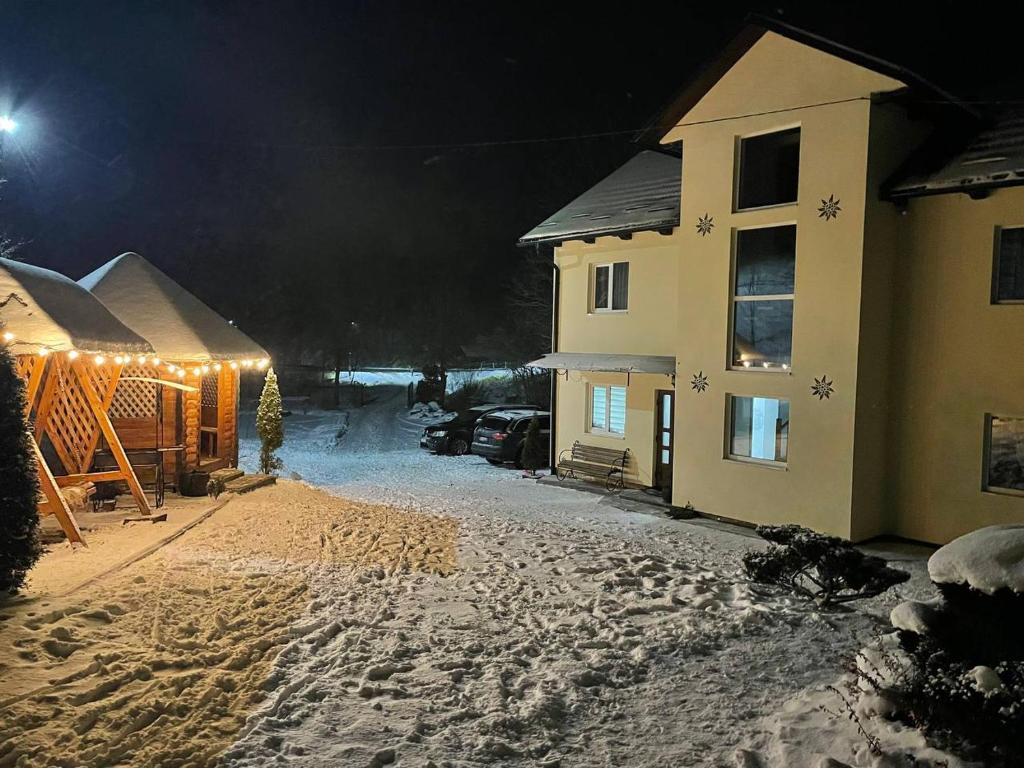 eine schneebedeckte Auffahrt mit einem Haus in der Nacht in der Unterkunft Edelweiss in Laseschtschyna