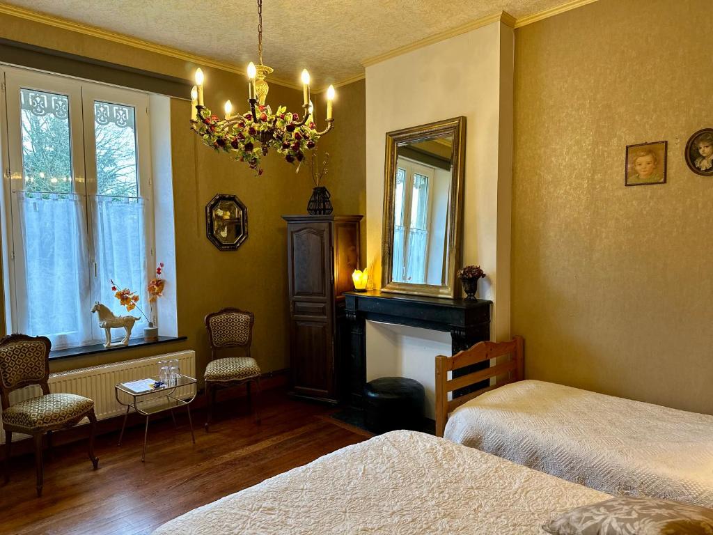 a bedroom with two beds and a mirror and a fireplace at Le Petit Chateau in Saint-Michel