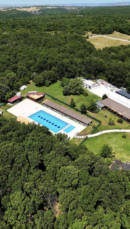 an overhead view of a large swimming pool in a field at The Life Nest Hotel in Saray