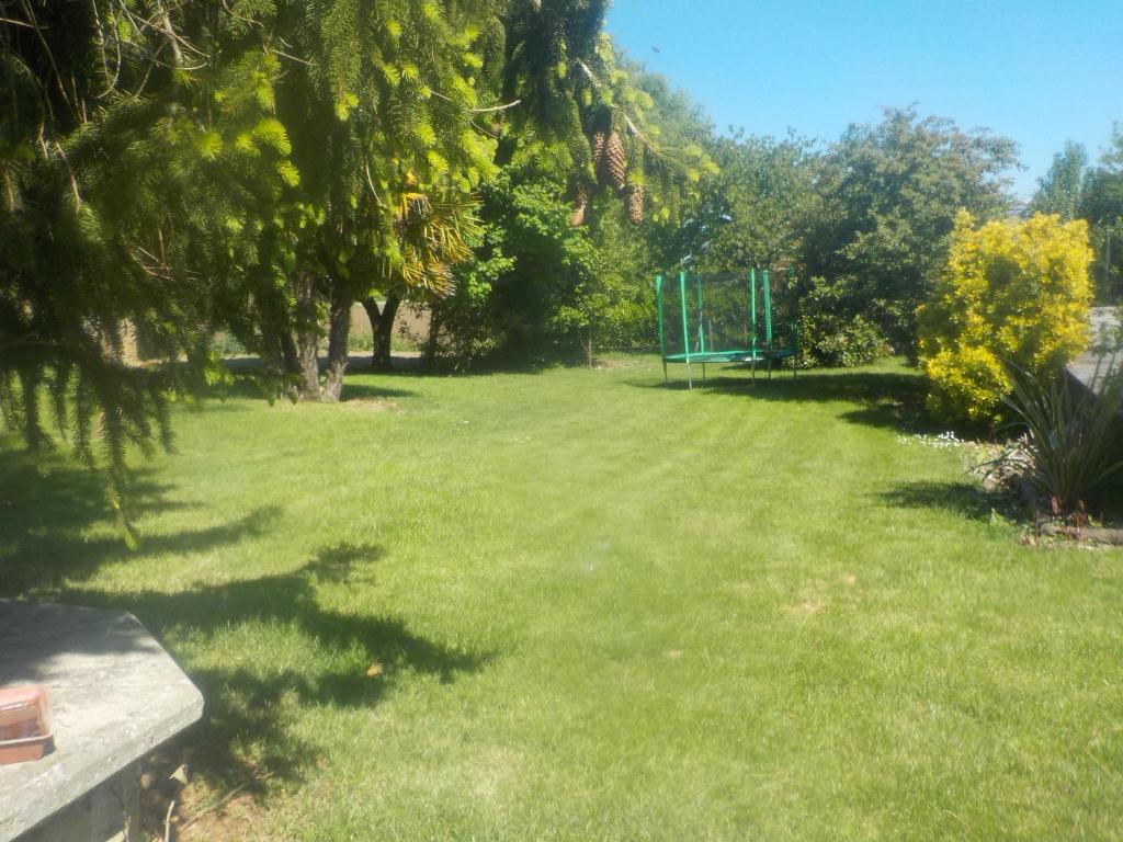 een park met een groen veld met bomen en een basketbalring bij gariguette in La Celle-sous-Gouzon