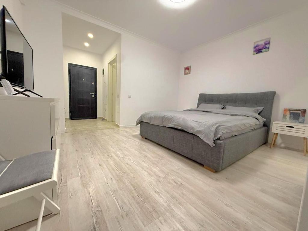 a bedroom with a bed and a television in it at Avangarde City bloc 7 in Roşu