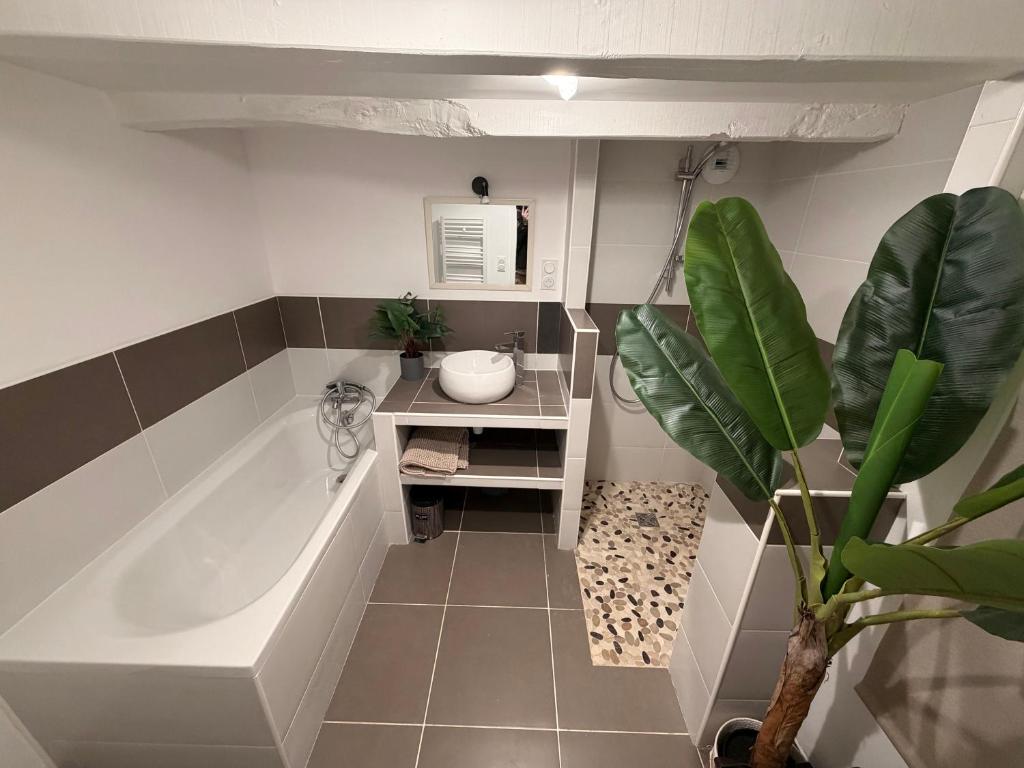 een badkamer met een bad, een wastafel en een plant bij Ti Eog Glas in Quimperlé
