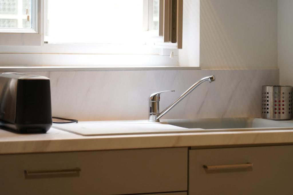 un bancone della cucina con lavandino e finestra di Le Patio Spa a Chartres