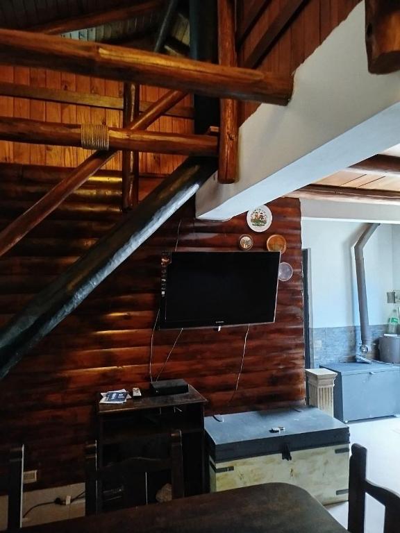 a room with a desk with a tv on a wooden wall at Santa Mónica in Villa Giardino