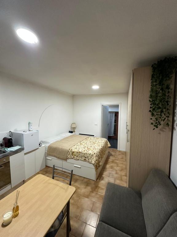a bedroom with a bed and a couch and a table at Silver Apartment Milano in Agrate Brianza