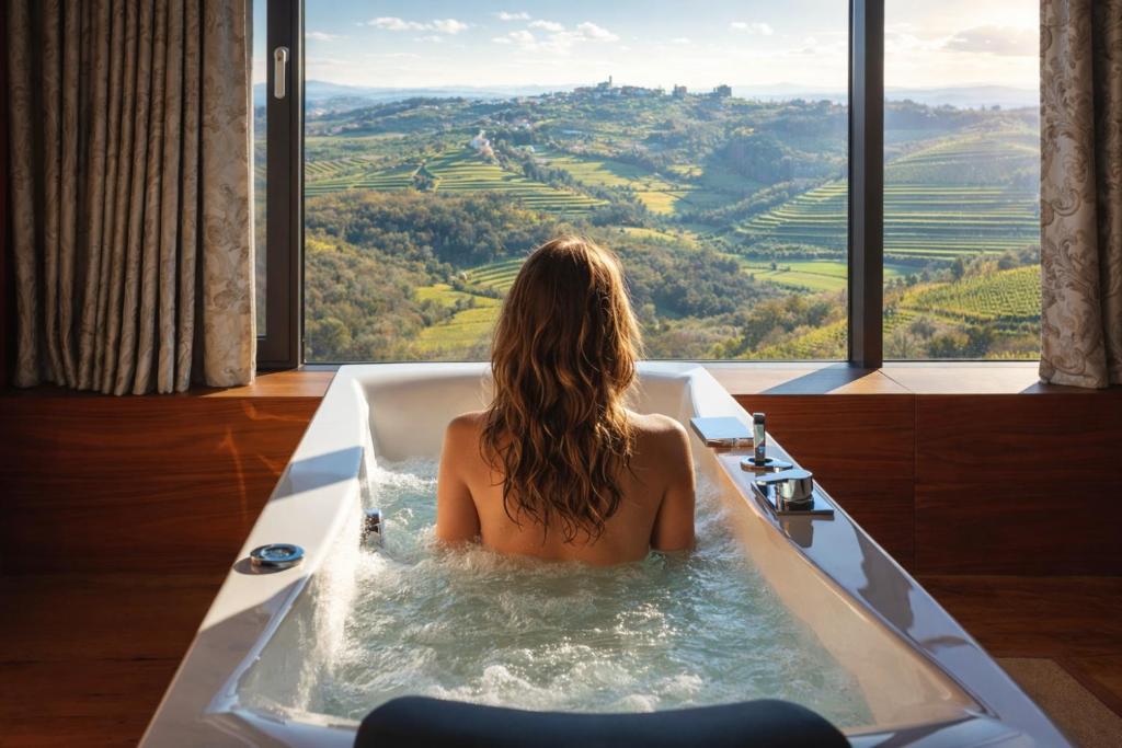 a woman sitting in a bath tub with a view at Villa EVA in Dobrovo