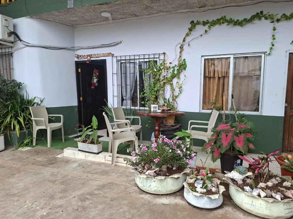 a patio with a table and chairs and potted plants at Casa Albacora in Puerto Baquerizo Moreno