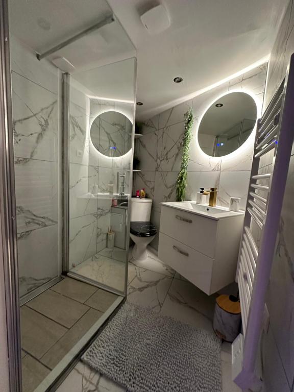 een badkamer met een douche, een toilet en een wastafel bij Asdreamslove in Alès