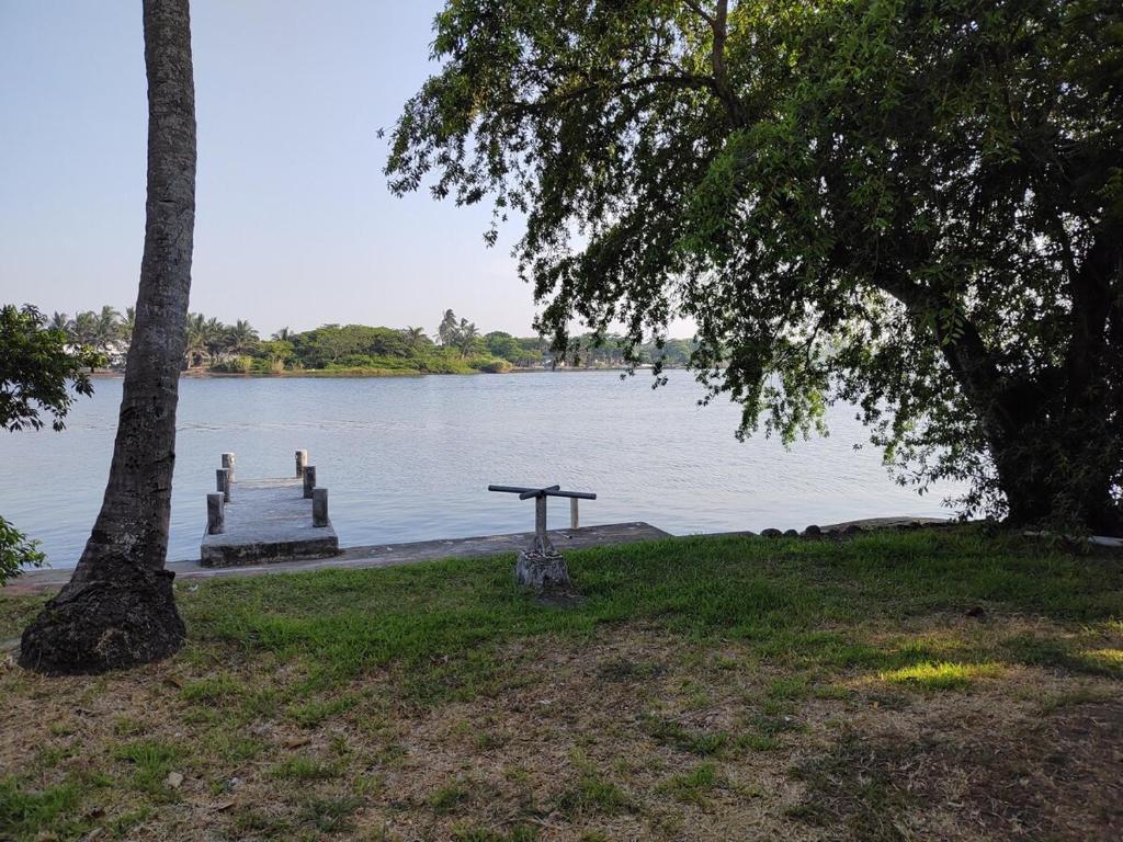 a park bench sitting next to a lake at MiniSuite con vista al Río in Boca del Río