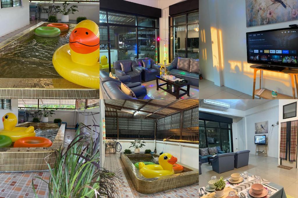a collage of four pictures of a house with a pool at ท่าบูรพาวิลล่า ที่พักพร้อมสระน้ำ ทั้งหลัง in Ban Hua Khao Sammuk