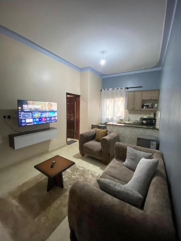 a living room with two couches and a flat screen tv at Merry in Kampala